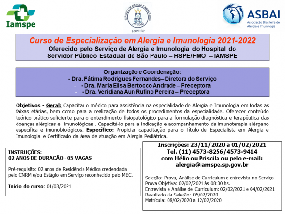 Curso de especialização em Alergia e Imunologia no hospital do servidor público estadual de São Paulo 2021-2022.